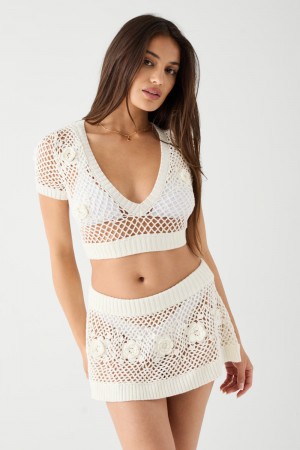 Frankies Bikinis Adaline Crochet Cropped Shirt Blanche | 8516QXOEM