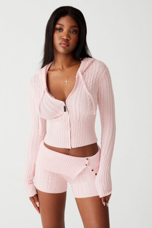 Frankies Bikinis Aimee Cable Cloud Knit Hoodie Rose | 0127UIBDW