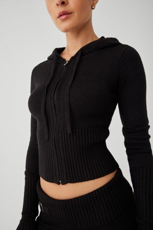 Frankies Bikinis Aimee Cloud Knit Zip Up Hoodie Noir | 6128ISQZY