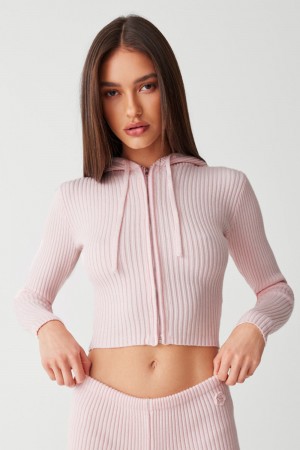 Frankies Bikinis Aimee Ribbed Cloud Knit Hoodie Rose | 5074HKXSR