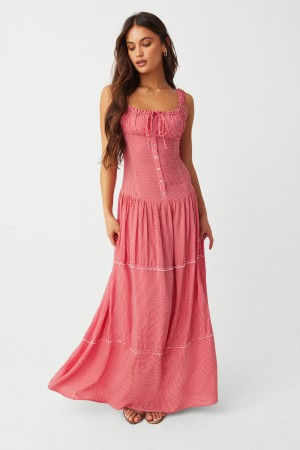 Frankies Bikinis Christabelle Ruffle Maxi Dress Ladybug Gingham | 8015ONPLX