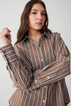 Frankies Bikinis Griffin Striped Button Up Shirt Ocean Stone | 9021WDOSK