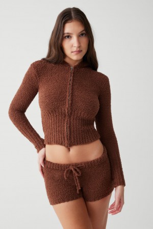 Frankies Bikinis Harlowe Fuzzy Zip Up Hoodie Chocolat | 5264EZPLV