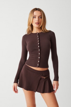 Frankies Bikinis Lenon Cloud Knit Button Up Cardigan Mocha | 4890VQUTS