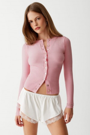 Frankies Bikinis Lenon Cloud Knit Button Up Cardigan Rose | 2183GNMHQ
