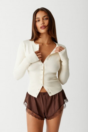 Frankies Bikinis Lenon Cloud Knit Button Up Cardigan Porcelain | 8976OCWDE