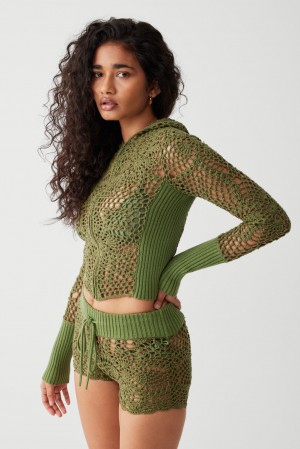 Frankies Bikinis Lyla Crochet Zip Up Hoodie Sea Moss | 0485VOSEY