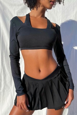 Frankies Bikinis Speedy Long Sleeve Crop Top Noir | 5213NMPCA