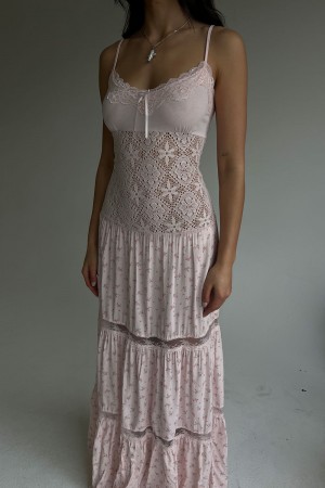 Frankies Bikinis Vineyard Crochet Floral Maxi Dress Rose | 3648QPROI